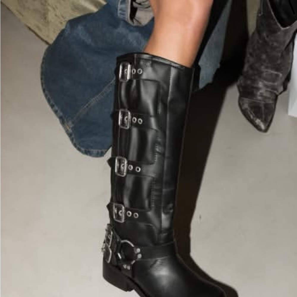 Black Leather Combat Boots with Buckle Straps 1 use only